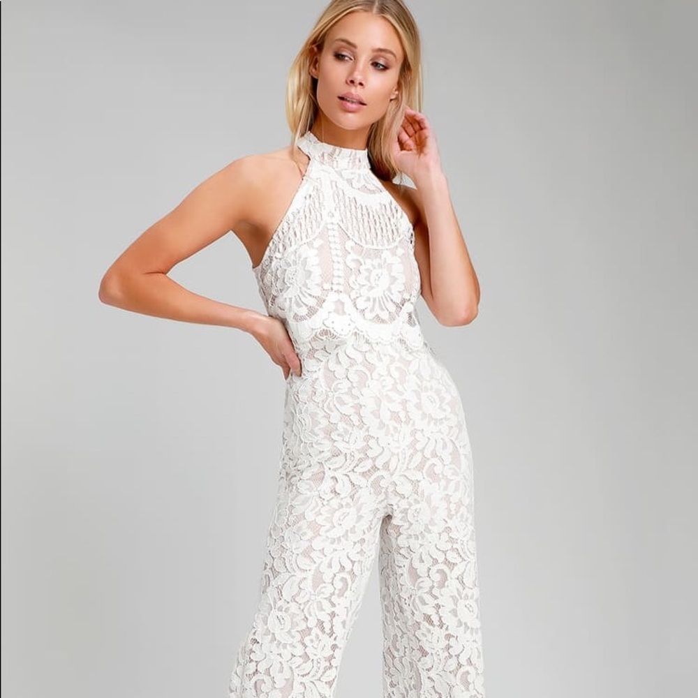 Britney White Lace Halter Jumpsuit Lulus